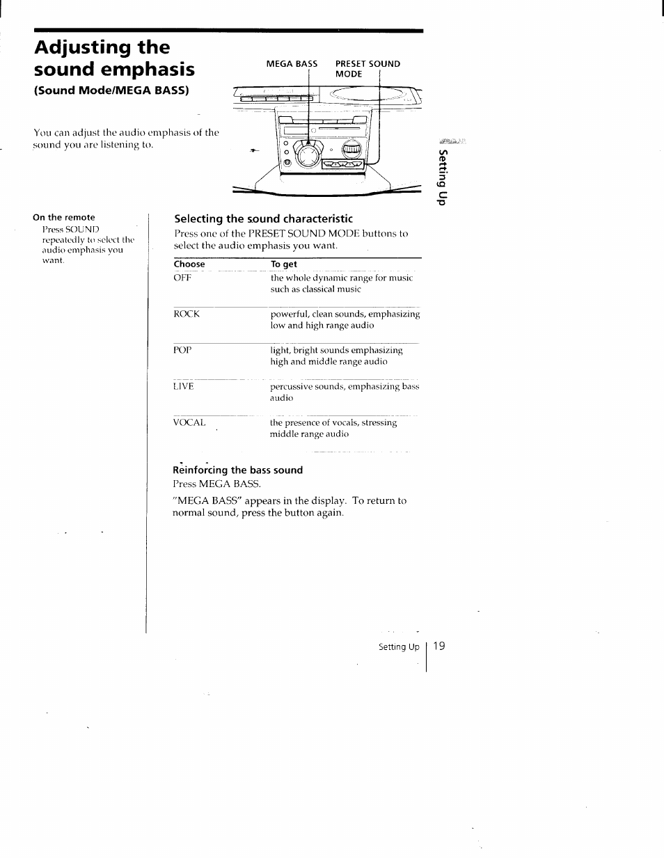 Adjusting the sound emphasis, Sound mode/mega bass), Selecting the sound characteristic | Sony CFD-V35 User Manual | Page 19 / 26