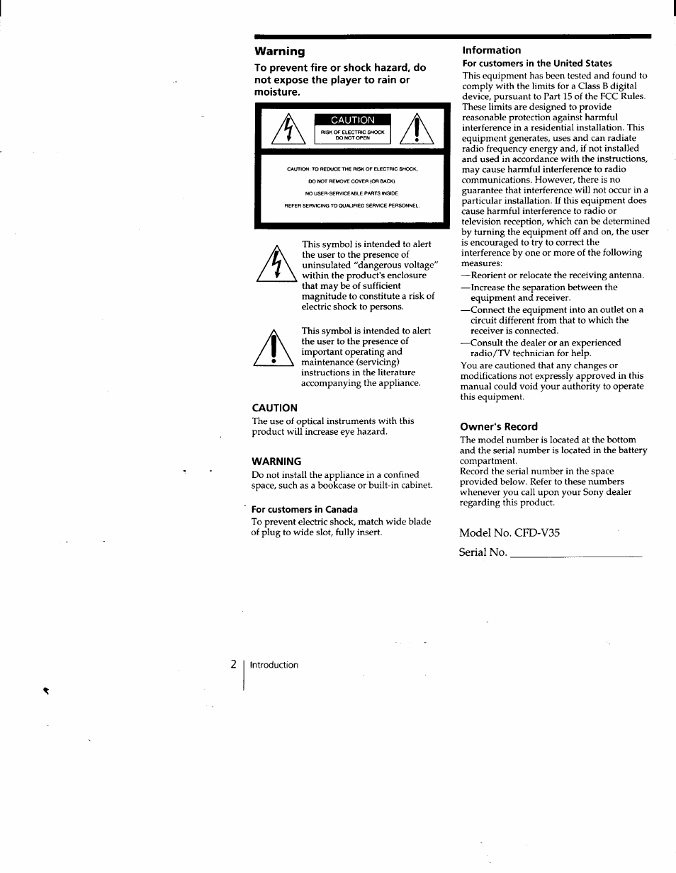 Warning, Caution, For customers in canada | Information, For customers in the united states, Owner's record, Model no. cfd-v35 serial no | Sony CFD-V35 User Manual | Page 2 / 26