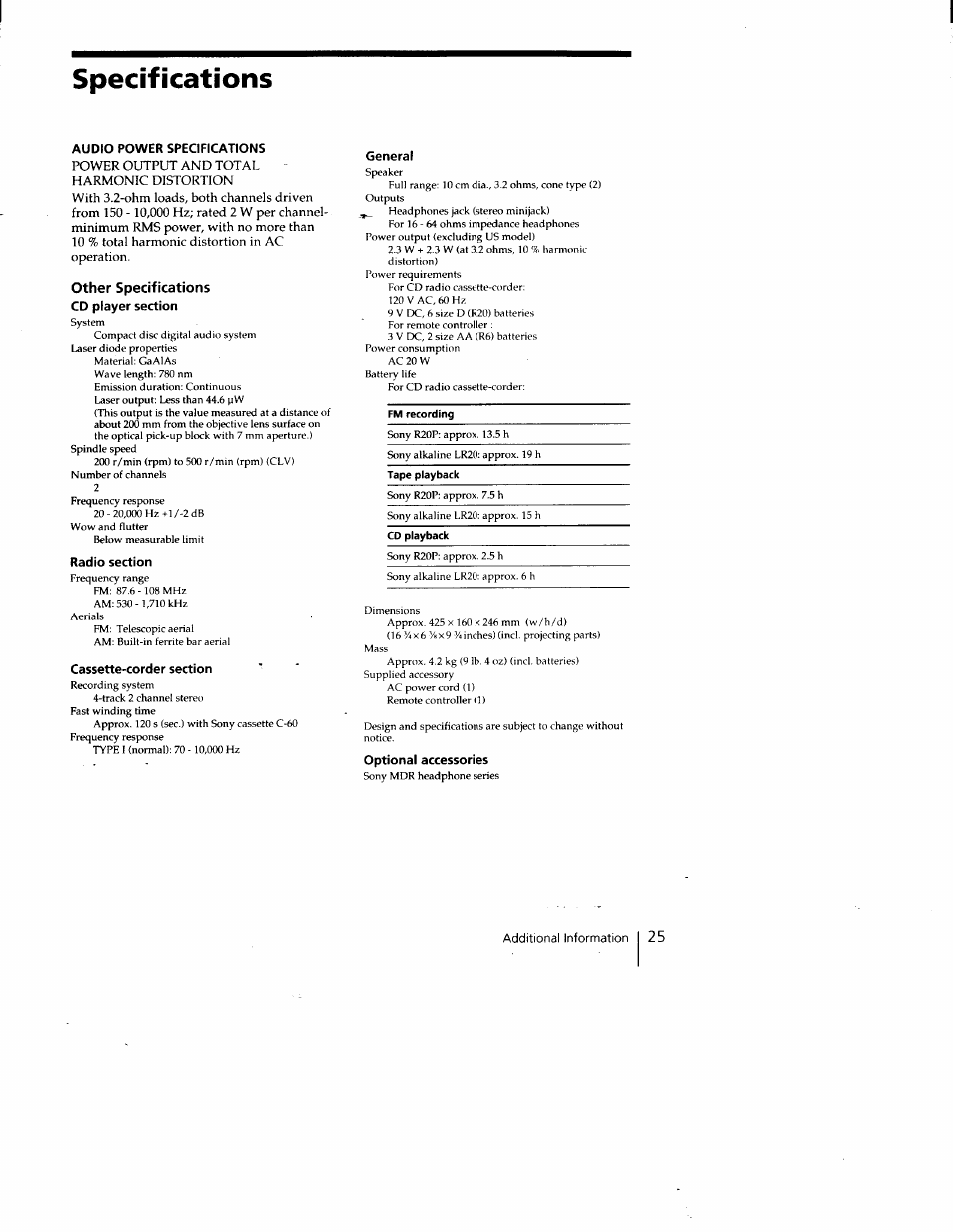 Specifications, Audio power specifications, Other specifications | Cd player section, Radio section, Cassette-corder section, General, Optional accessories | Sony CFD-V35 User Manual | Page 25 / 26