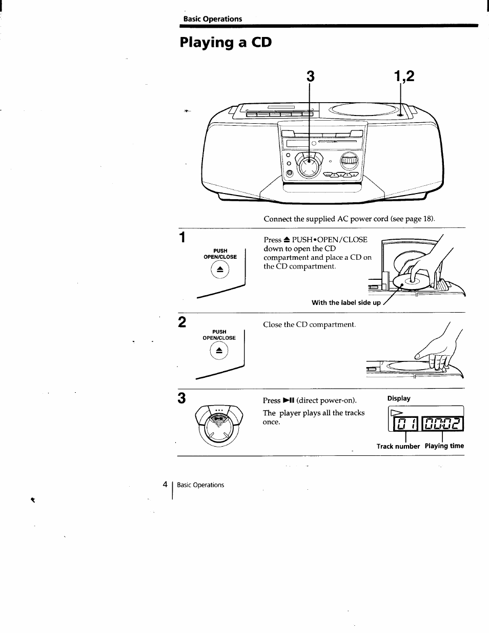 Basic operations, Playing a cd, With the label side up | Track number playing time | Sony CFD-V35 User Manual | Page 4 / 26