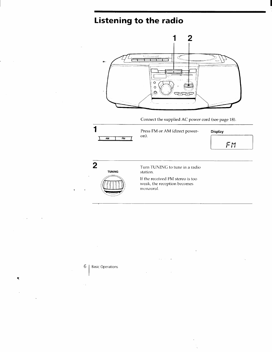 Listening to the radio, Display | Sony CFD-V35 User Manual | Page 6 / 26