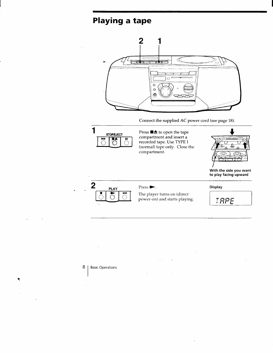 Playing a tape | Sony CFD-V35 User Manual | Page 8 / 26