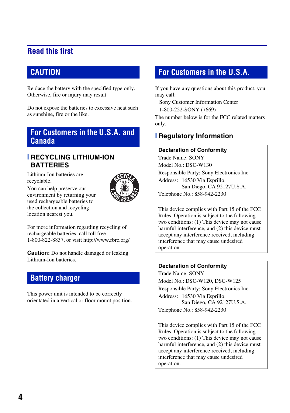 Read this first | Sony DSC-W130 User Manual | Page 4 / 72