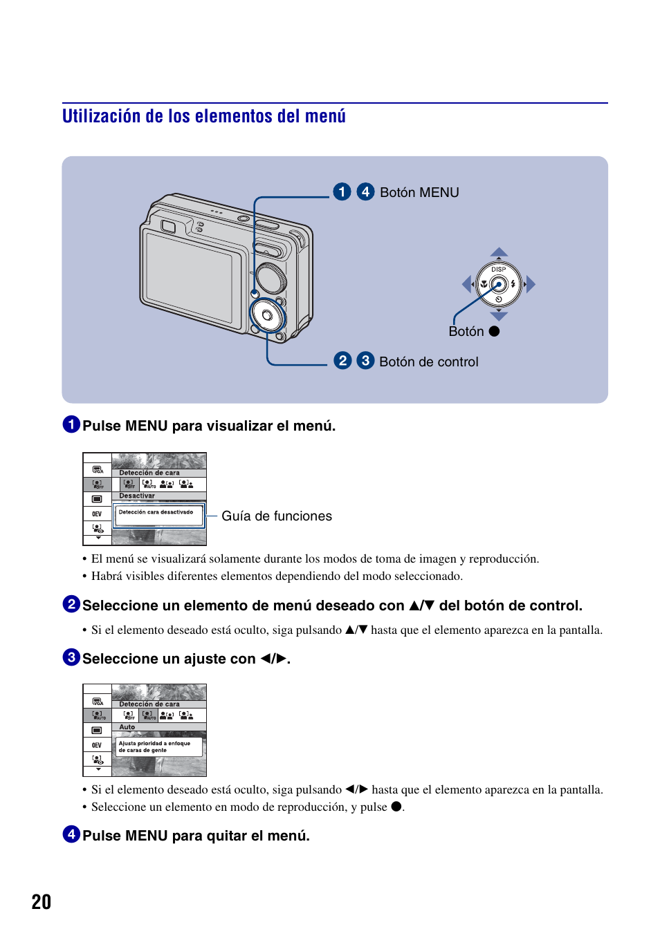 Utilización de los elementos del menú, Utilización de los elementos del menú 1 | Sony DSC-W130 User Manual | Page 56 / 72