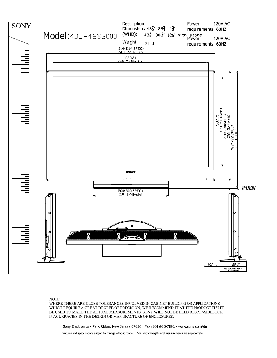 Sony KDL-46S3000 User Manual | 2 pages