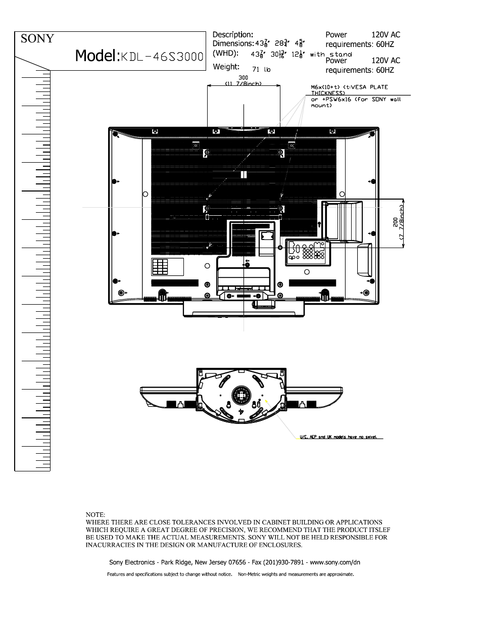 Model:kdl-46s3ooo, Sony | Sony KDL-46S3000 User Manual | Page 2 / 2