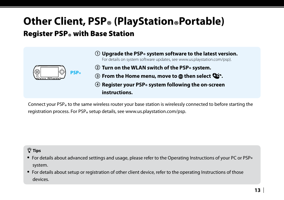 Other client, psp® (playstation®portable), Register psp® with base station | Sony LF-V30 User Manual | Page 13 / 16