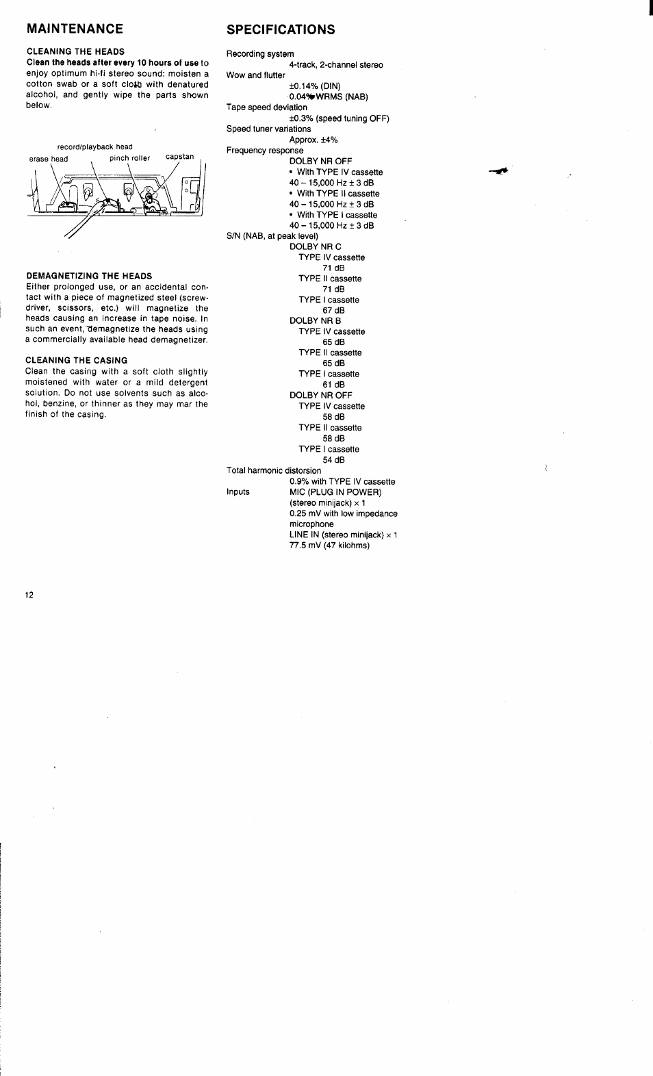 Maintenance, Specifications, Maintenance specifications | Sony WM-D6C User Manual | Page 12 / 14