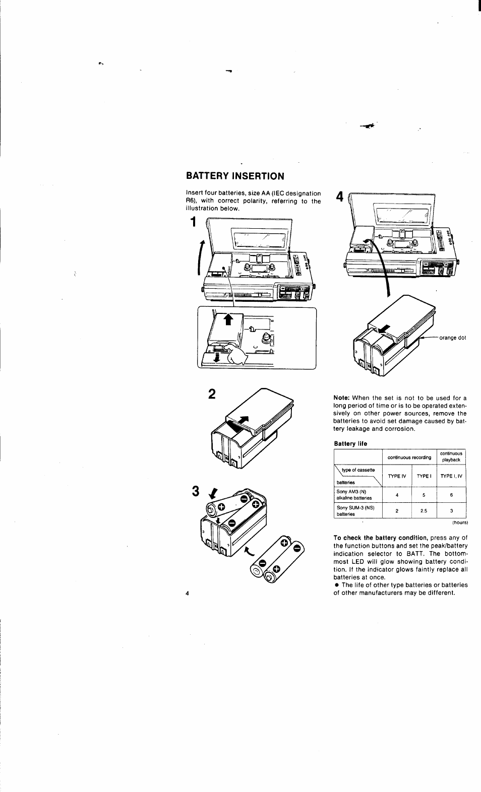 Battery insertion | Sony WM-D6C User Manual | Page 4 / 14