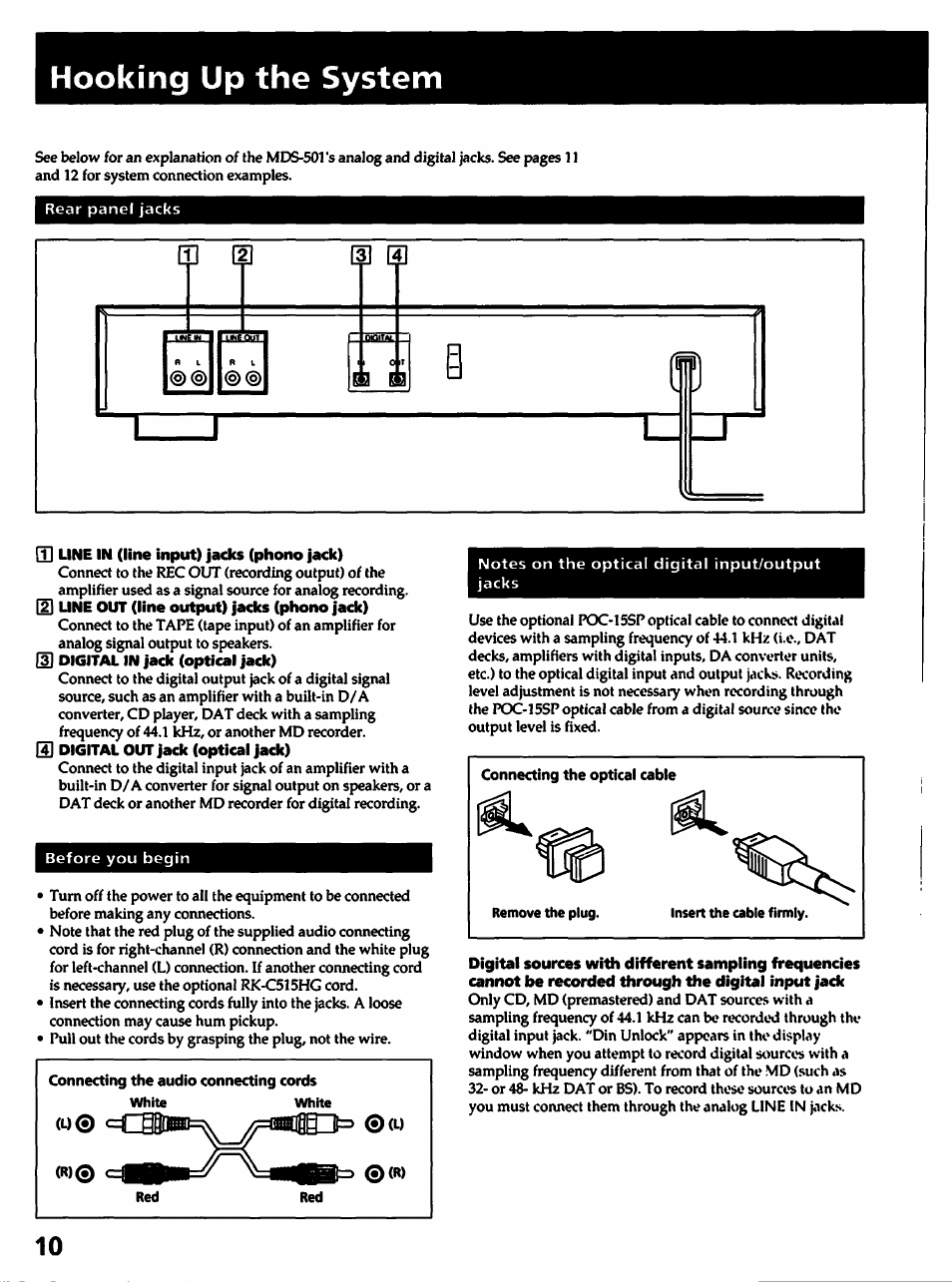 Q] line in (line input) jacks (phono jack), Hooking up the system | Sony MDS-501 User Manual | Page 10 / 51