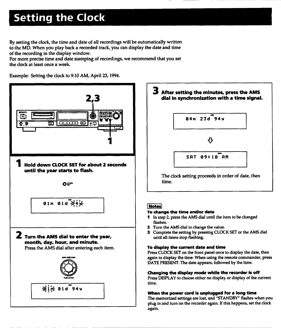 Setting the clock, Setting the qock | Sony MDS-501 User Manual | Page 13 / 51