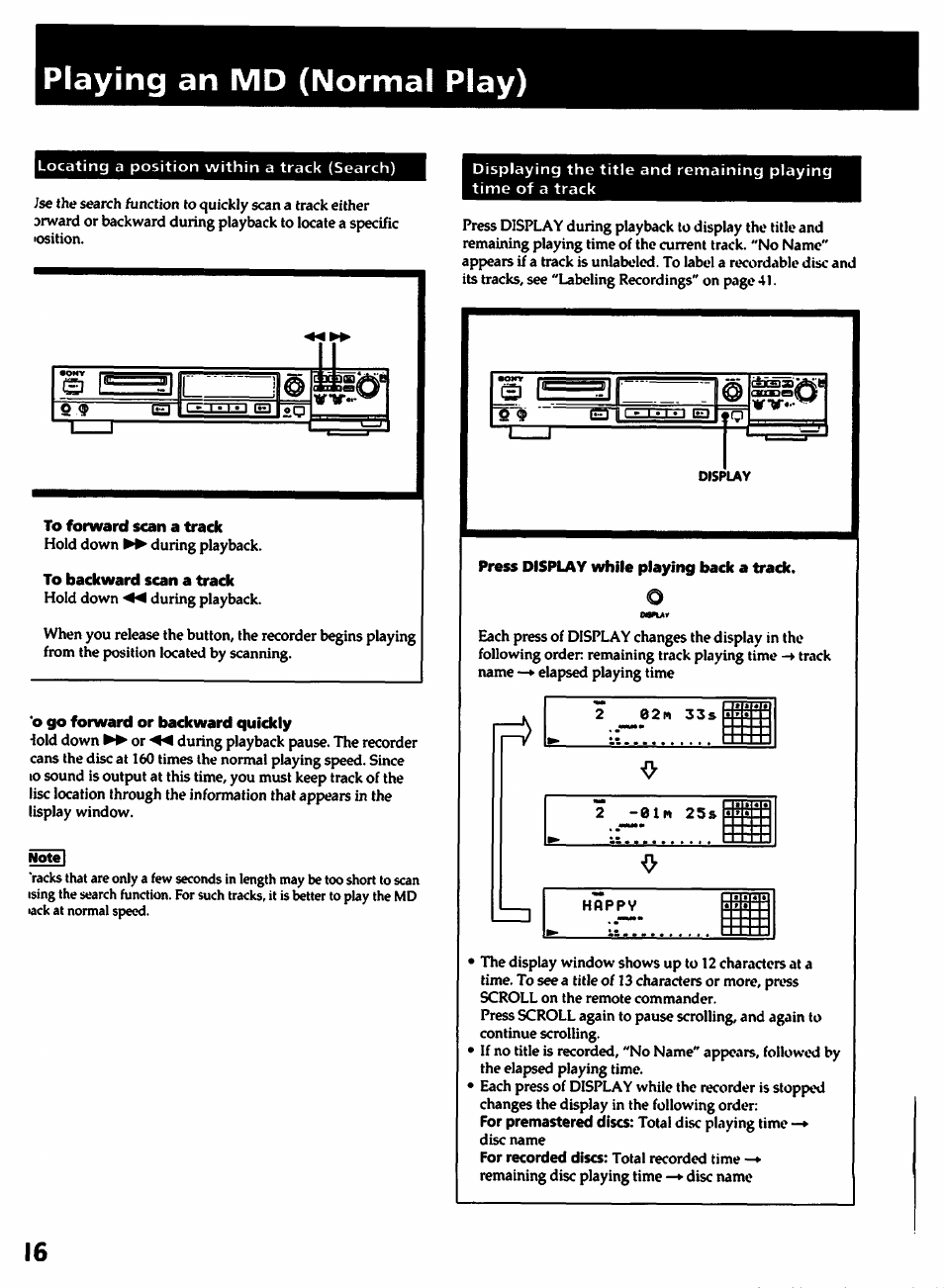 Playing an md (normal play), To forward scan a track, To backward scan a track | O go forward or backward quickly | Sony MDS-501 User Manual | Page 16 / 51