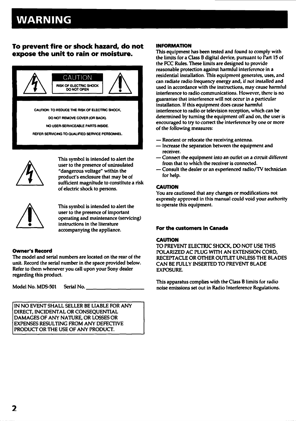 Warning, Owner's record, Information | Caution, For the customers in canada caution | Sony MDS-501 User Manual | Page 2 / 51