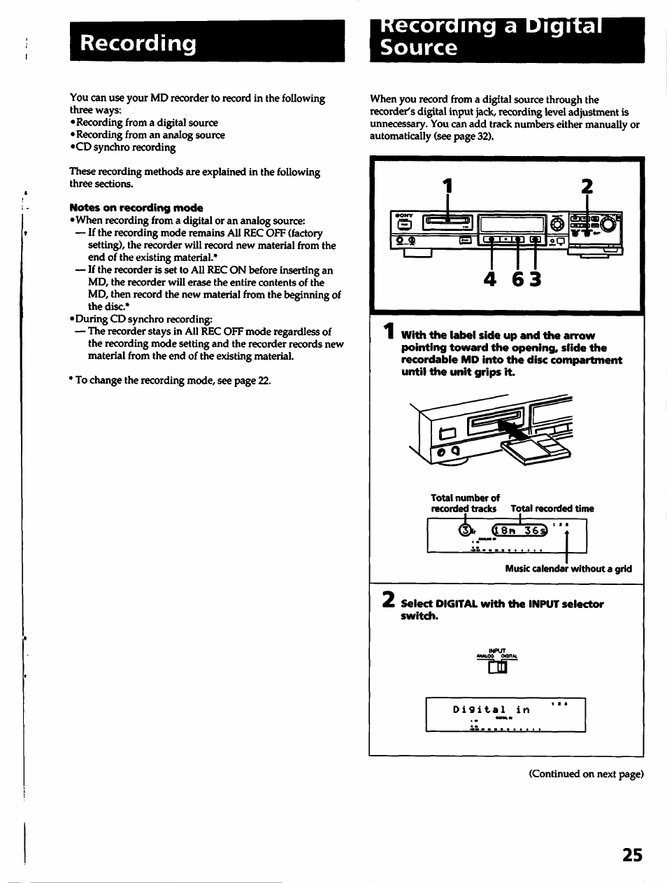 Ecoramg a uigita source, Notes on recording mode, Recording a digital source | Recording | Sony MDS-501 User Manual | Page 25 / 51