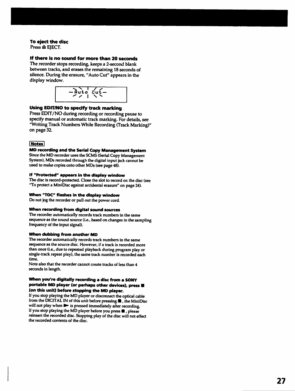 To eject the disc, If there is no sound for more than 20 seconds, Using edit/no to specify track marking | Sony MDS-501 User Manual | Page 27 / 51