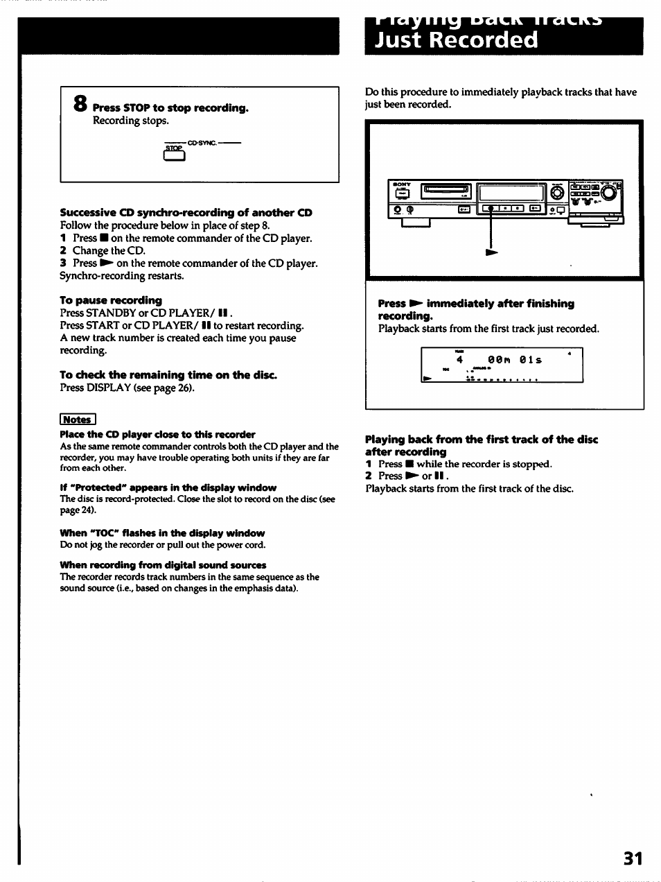 Just recorded, Successive cd synchro-recording of another cd, To pause recording | To check the remaining time on the disc, Press immediately after finishing recording | Sony MDS-501 User Manual | Page 31 / 51