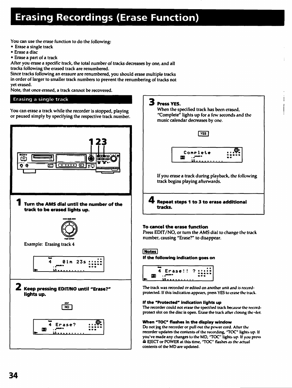 Keep pressing edit/no until "erase?" lights up, Repeat steps 1 to 3 to erase additional tracks, To cancel the erase function | Erasing recordings (erase function) | Sony MDS-501 User Manual | Page 34 / 51