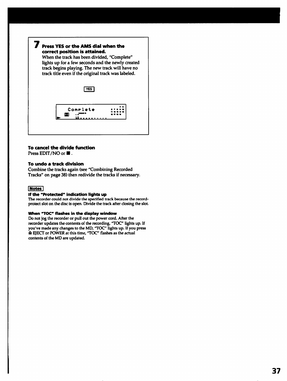 To cancel the divide function, To undo a track division | Sony MDS-501 User Manual | Page 37 / 51