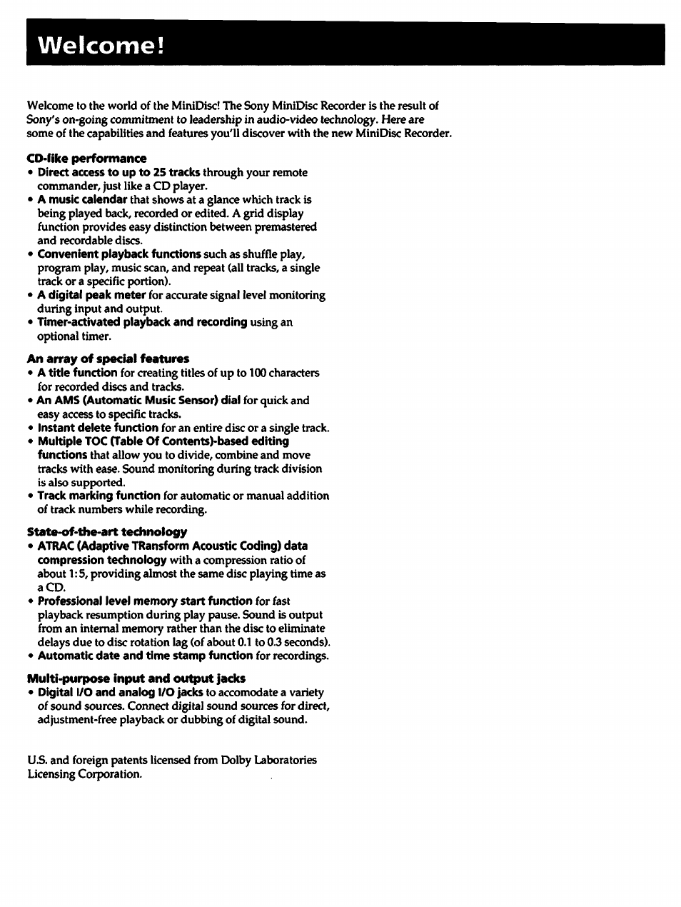 Weicomei, Cd-like performance | Sony MDS-501 User Manual | Page 4 / 51