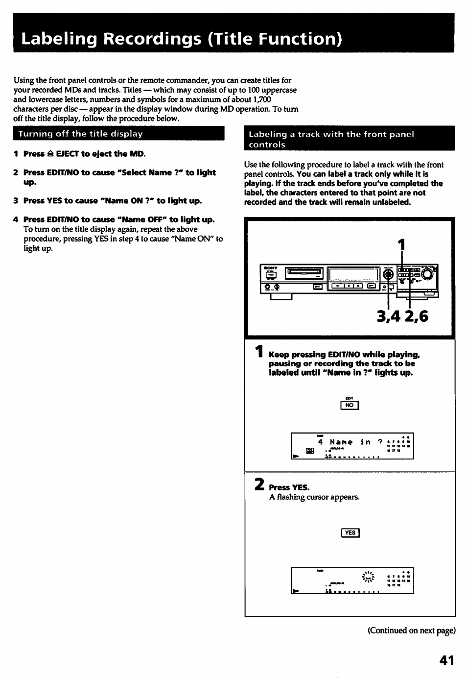 Labeling recordings (title function) | Sony MDS-501 User Manual | Page 41 / 51