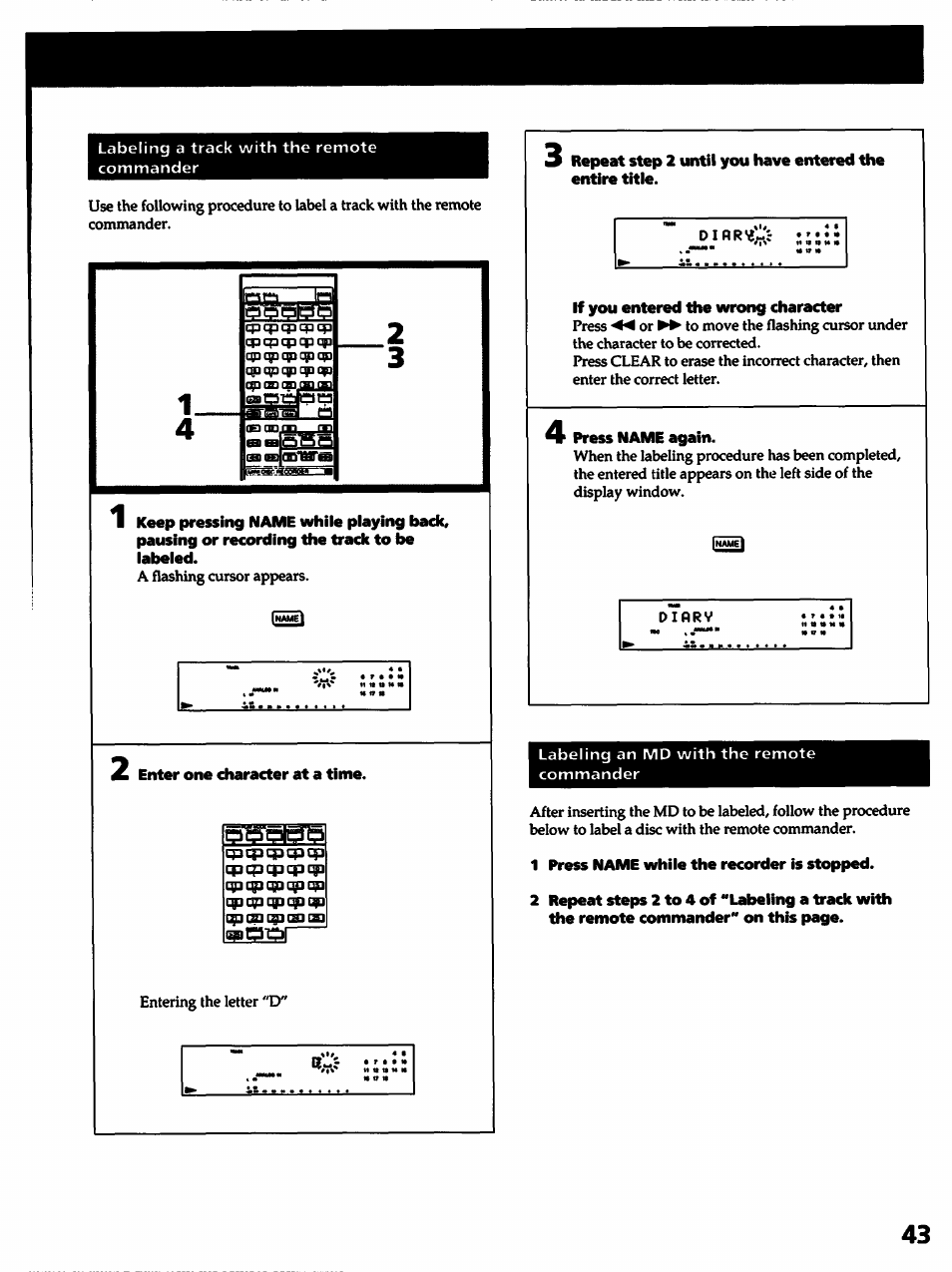 If you entered the wrong character, Press name again, 1 press name while the recorder is stopped | Sony MDS-501 User Manual | Page 43 / 51