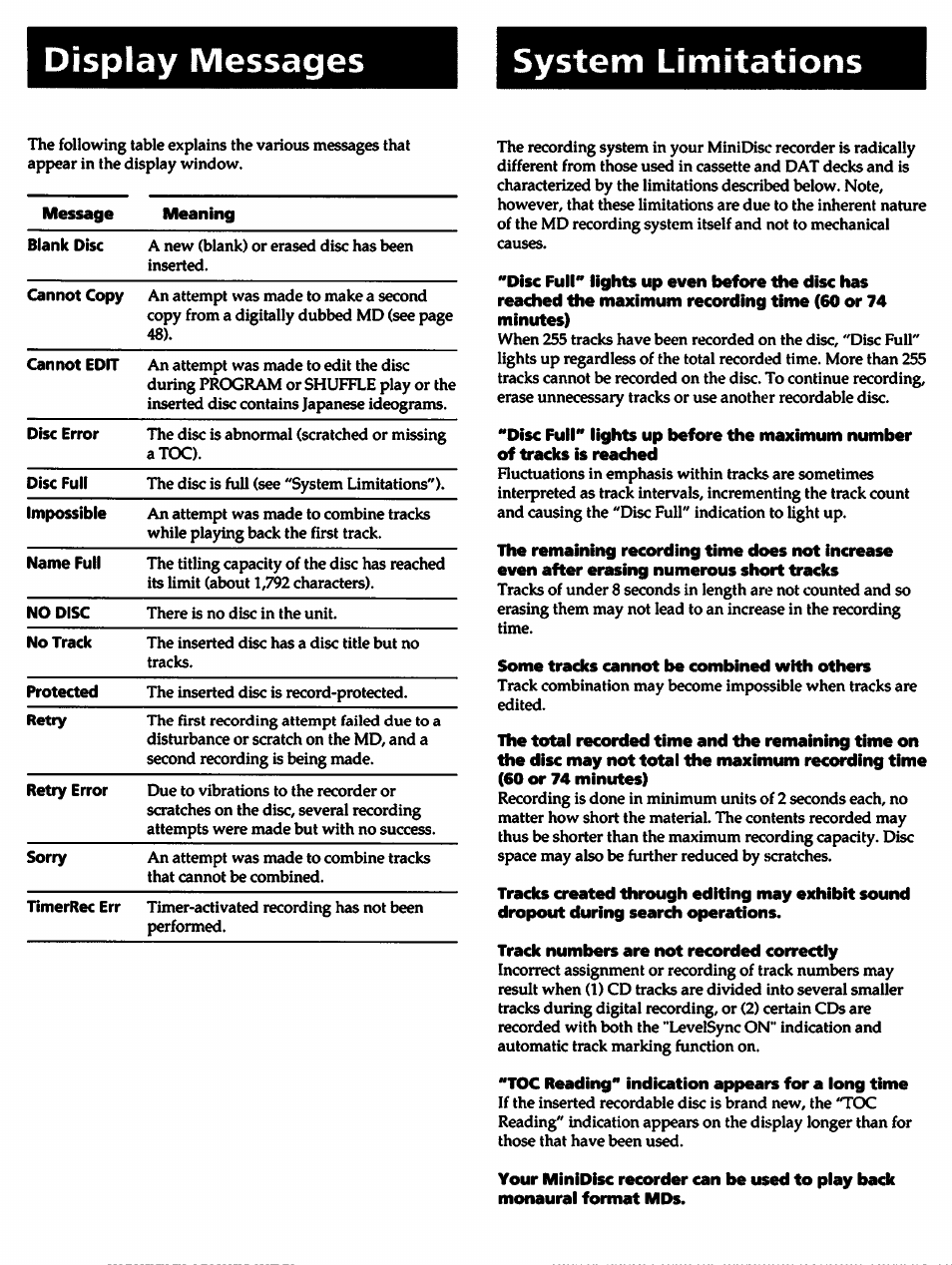 Display messages, System limitations, Some tracks cannot be combined with others | Track numbers are not recorded correctly, Toc reading" indication appears for a long time, Display messages system limitations | Sony MDS-501 User Manual | Page 47 / 51