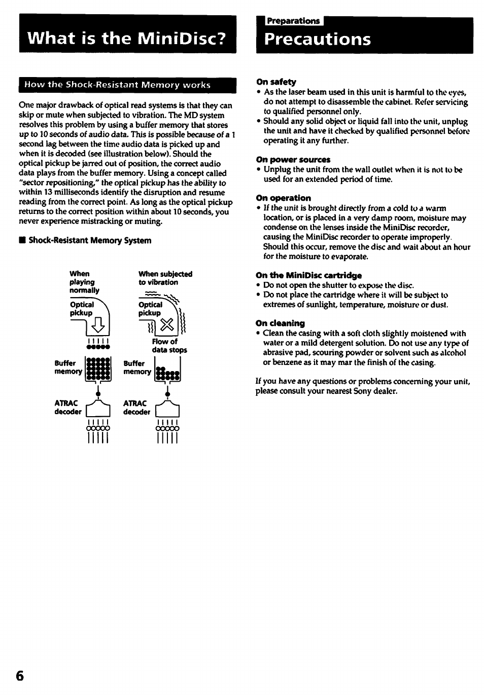 Preparations, Shock-resistant memory system, On safety | On power sources, On operation, On the minidisc cartridge, On cleaning, Precautions, What is the minidisc | Sony MDS-501 User Manual | Page 6 / 51