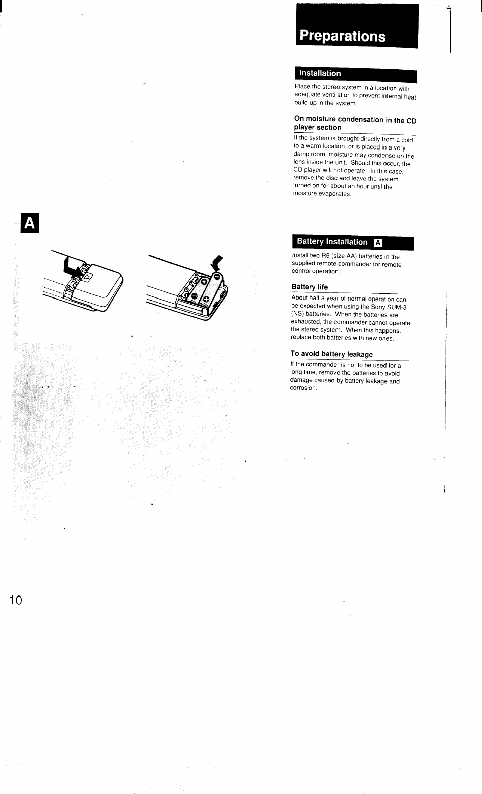 Installation, On moisture condensation in the cd piayer section, Battery installation | Battery life, To avoid battery leakage, Preparations | Sony MHC-3500 User Manual | Page 10 / 99