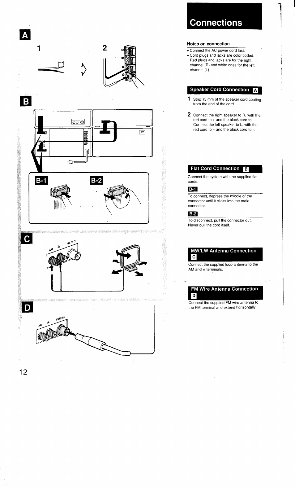 Notes on connection, Speaker cord connection, Flat cord connection | Mw/lw antenna connection, Fm wire antenna connection, Connections | Sony MHC-3500 User Manual | Page 12 / 99