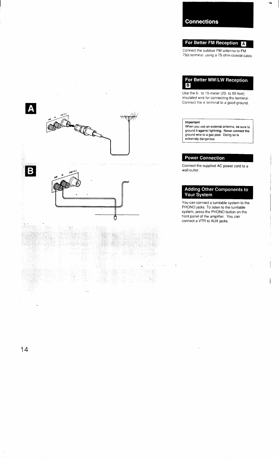 Connections, For better fm reception, For better mw/lw reception | Power connection, Adding other components to your system | Sony MHC-3500 User Manual | Page 14 / 99