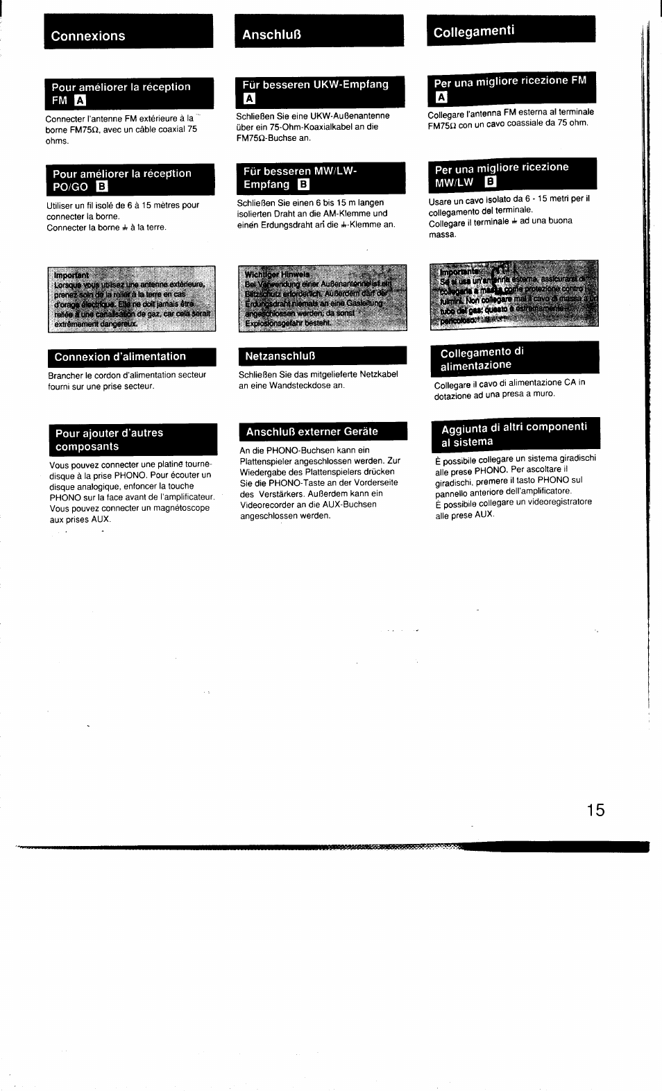 Connexions, Anschluß, Collegamenti | Impòriante, Connexions anschluß collegamenti | Sony MHC-3500 User Manual | Page 15 / 99