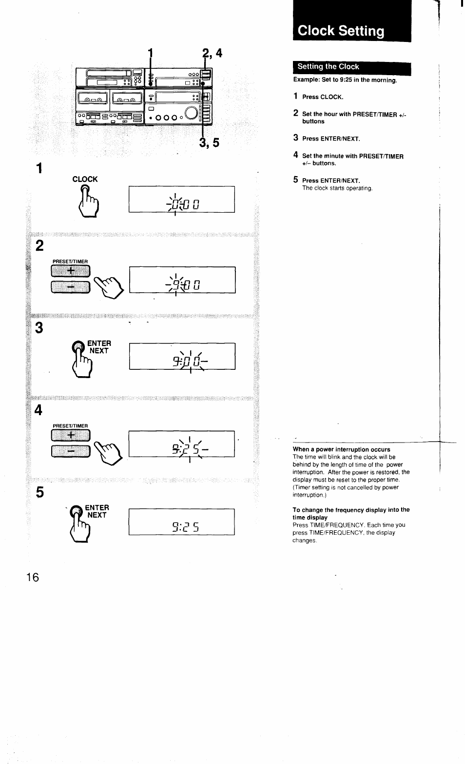 Setting the clock, Enter, Next | Enter vv next, Clock setting, T. ) | Sony MHC-3500 User Manual | Page 16 / 99