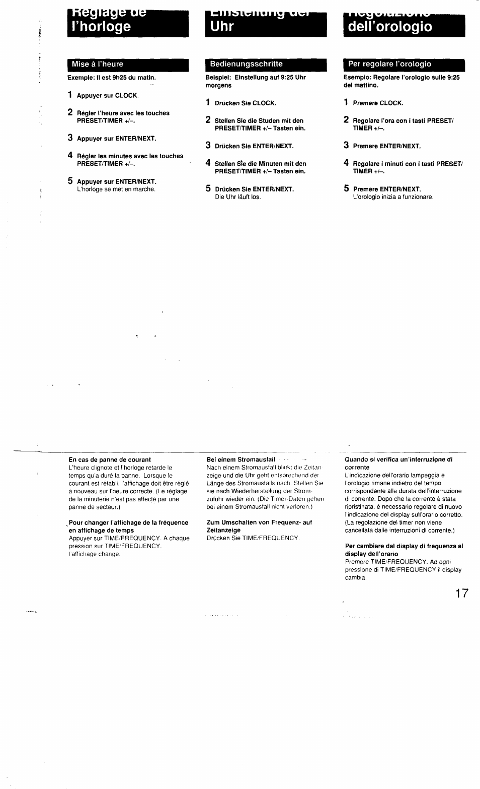 L’horloge, Dell’orologio, Bedienungsschritte | Per regolare l’orologio, En cas de panne de courant, Bei einem stromaustall, Zum umschalten von frequenz- auf zeitanzeige, Quando si verifica un’interruzipne di corrente, Uhr dell’orologio | Sony MHC-3500 User Manual | Page 17 / 99