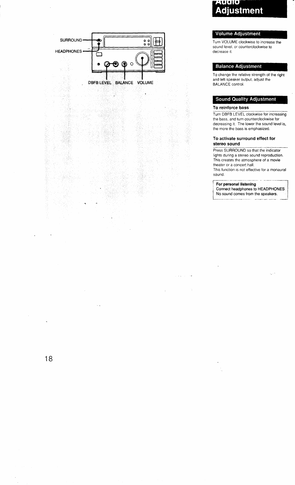 Adjustment, Volume adjustment, Balance adjustment | Sound quality adjustment, To reinforce bass, To activate surround effect for stereo sound | Sony MHC-3500 User Manual | Page 18 / 99