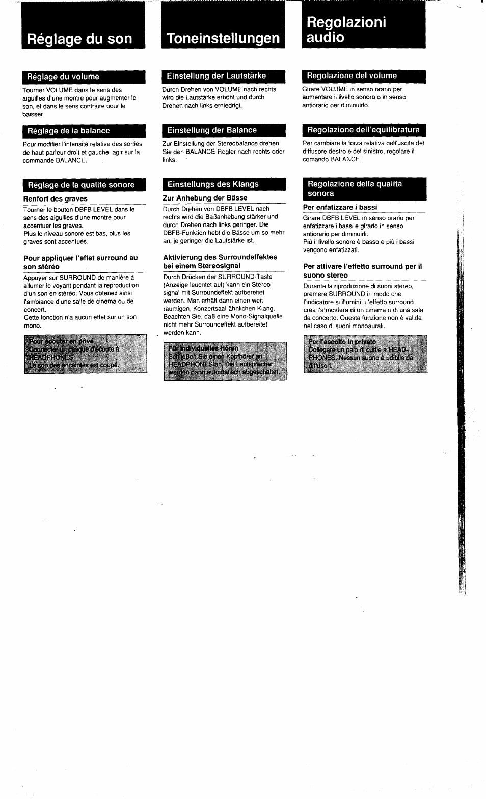 Einstellung der lautstärke, Regolazione del volume, Réglage de la balance | Einstellung der balance, Réglage de la qualité sonore, Pour appliquer l’effet surround au son stéréo, Einstellungs des klangs, Für individuelles horen, Regolazione della qualità sonora, Per enfatizzare i bassi | Sony MHC-3500 User Manual | Page 19 / 99