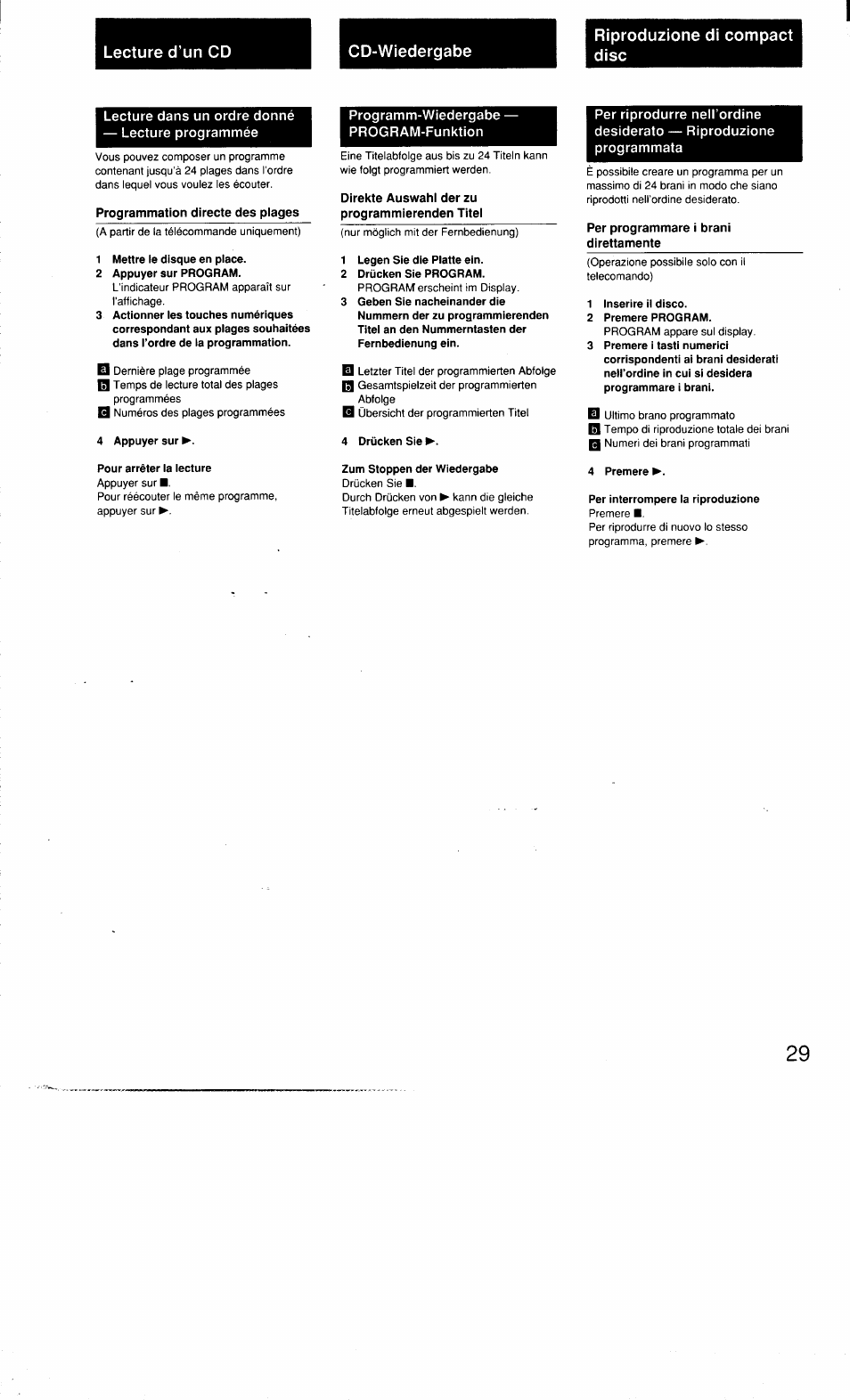 1 mettre le disque en place, 2 appuyer sur program, 4 appuyer sur | Pour arrêter la lecture, 1 legen sie die platte ein, 2 drücken sie program, 4 drücken sie, Zum stoppen der wiedergabe, 1 inserire il disco, 2 premere program | Sony MHC-3500 User Manual | Page 29 / 99