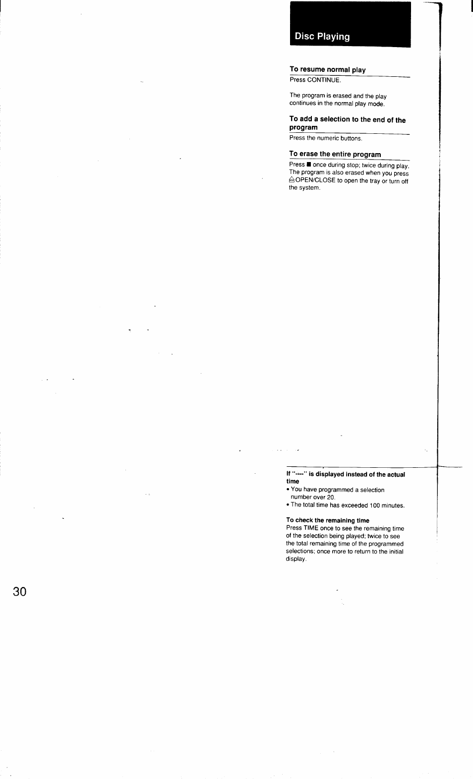 To resume normal play, To add a selection to the end of the program, To erase the entire program | Disc playing | Sony MHC-3500 User Manual | Page 30 / 99