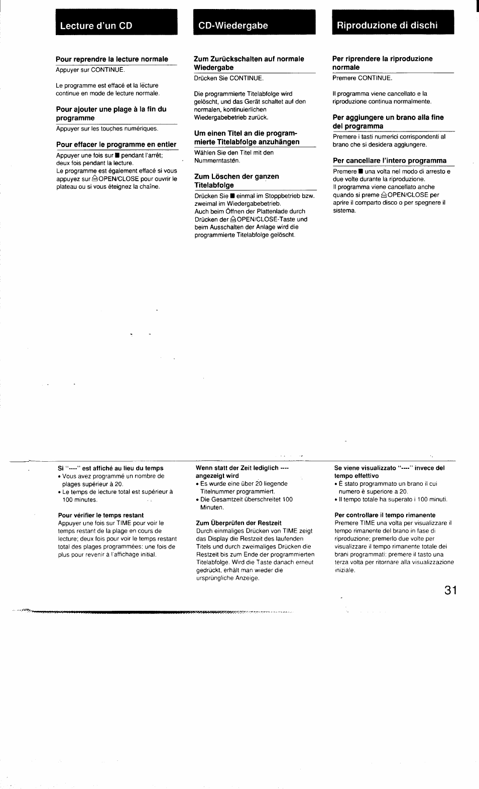 Pour vérifier le temps restant, Zum überprüfen der restzeit, Per controllare il tempo rimanente | Sony MHC-3500 User Manual | Page 31 / 99