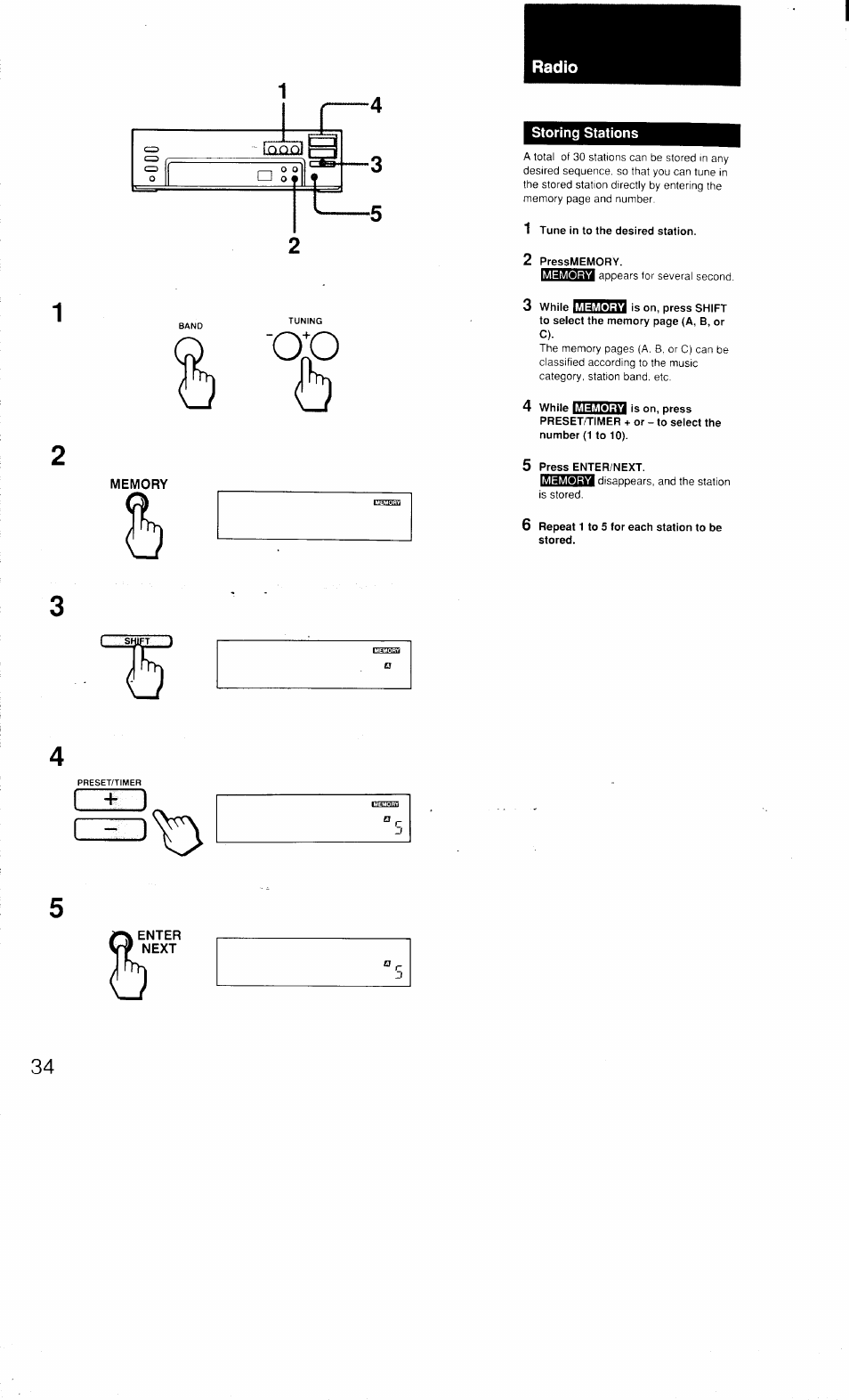 Memory, Storing stations, Enter | Z—i \ 1 | Sony MHC-3500 User Manual | Page 34 / 99