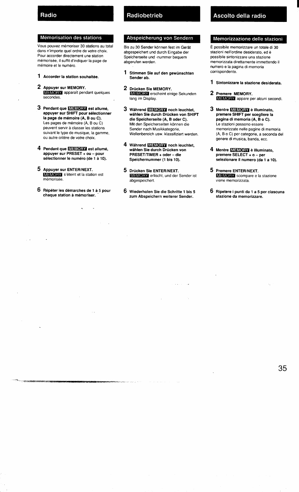 Radío, Radiobetrieb, Ascolto della radio | Mémorisation des stations, Abspeicherung von sendern, Memorizzazione delle stazioni, Radío radiobetrieb ascolto della radio | Sony MHC-3500 User Manual | Page 35 / 99