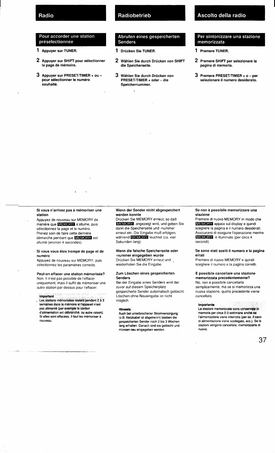 Radio, Radiobetrieb, Ascolto della radio | Pour accorder une station présélectionnée, Abrufen eines gespeicherten senders, Per sintonizzare una stazione memorizzata, Radio radiobetrieb ascolto della radio | Sony MHC-3500 User Manual | Page 37 / 99