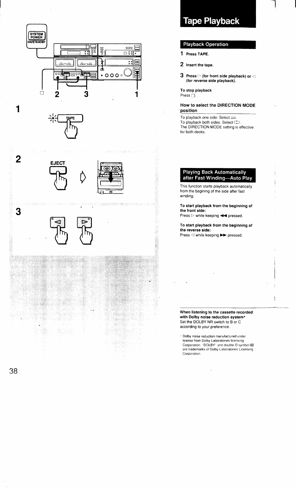 Tape playback, Playback operation, 1 press tape | 2 insert the tape, To stop playback | Sony MHC-3500 User Manual | Page 38 / 99