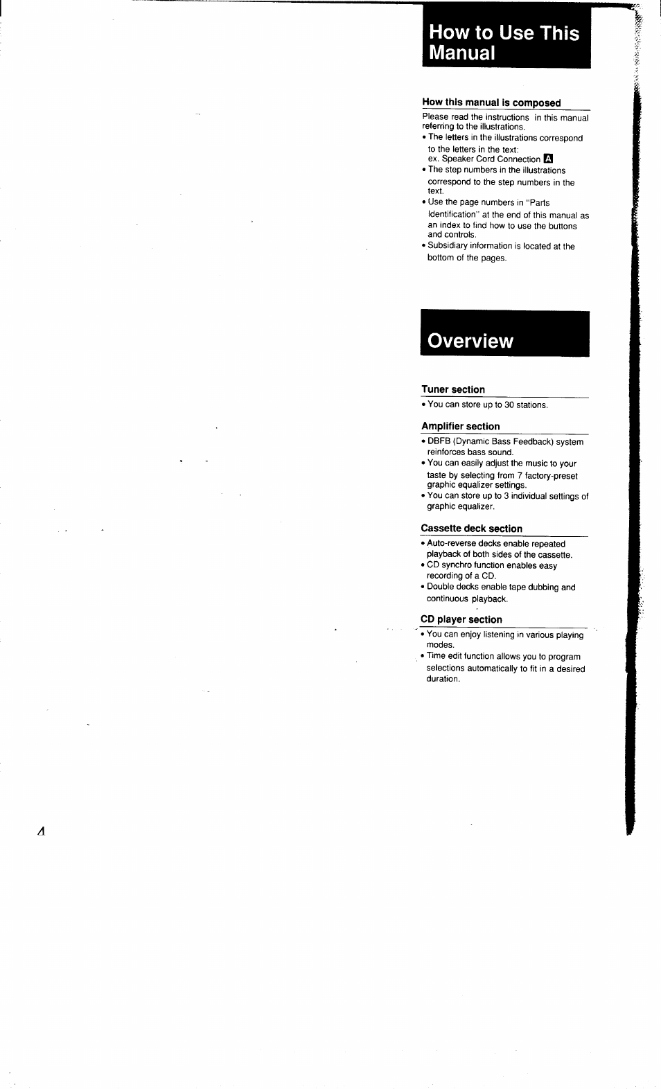 How to use this manual, How this manual is composed, Overview | Tuner section, Amplifier section, Cassette deck section, Cd player section, How to use this manual overview | Sony MHC-3500 User Manual | Page 4 / 99