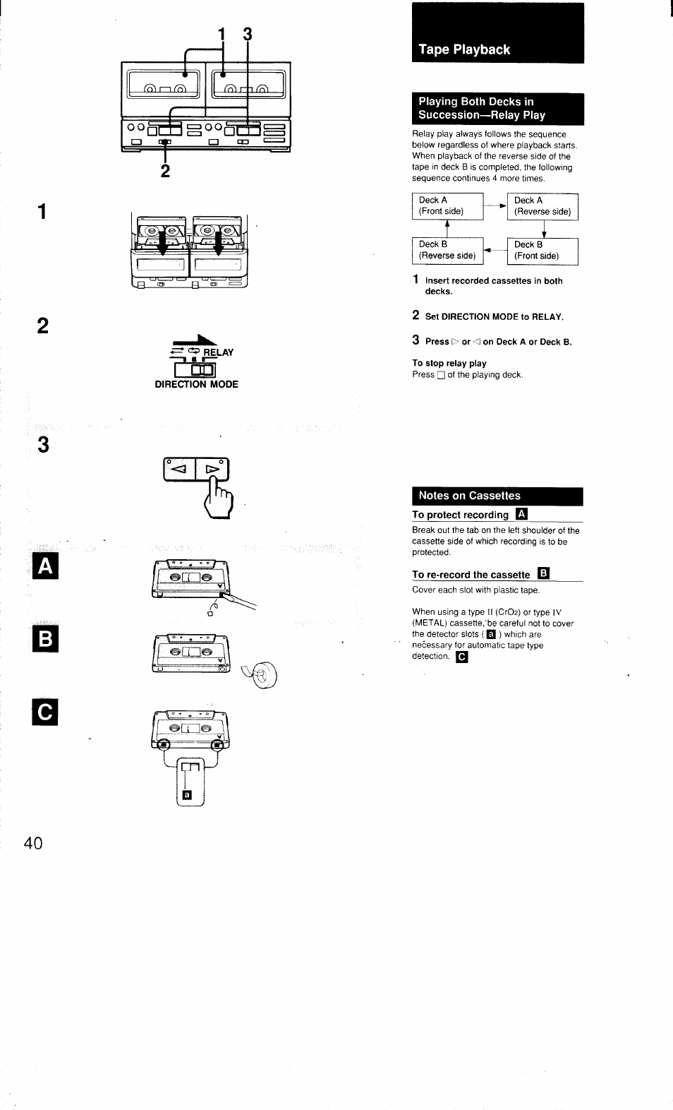 Relay, Tape playback, Playing both decks in succession—relay play | Direction mode, 1 insert recorded cassettes in both decks, 2 set direction mode to relay, 3 press o or <l on deck a or deck b, To stop relay play, Notes on cassettes, To protect recording | Sony MHC-3500 User Manual | Page 40 / 99