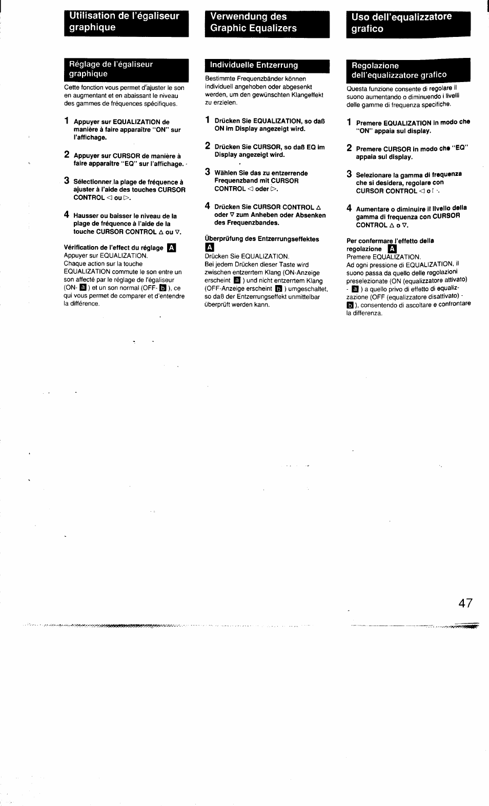 Verwendung des graphie equalizers, Réglage de l’égaliseur graphique, Individuelle entzerrung | Regolazione, Dell’equalizzatore grafico, Uso dell’equalizzatore grafico registrazione | Sony MHC-3500 User Manual | Page 47 / 99