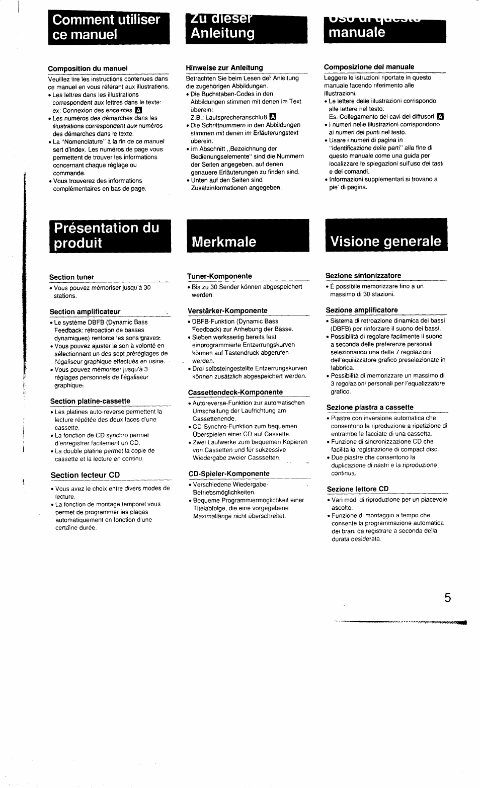 U dieser anleitung, Manuale, Présentation du produit | Merkmale, Visione generale, Zu dieser anleitung, Comment utiliser ce manuel u dieser anleitung | Sony MHC-3500 User Manual | Page 5 / 99