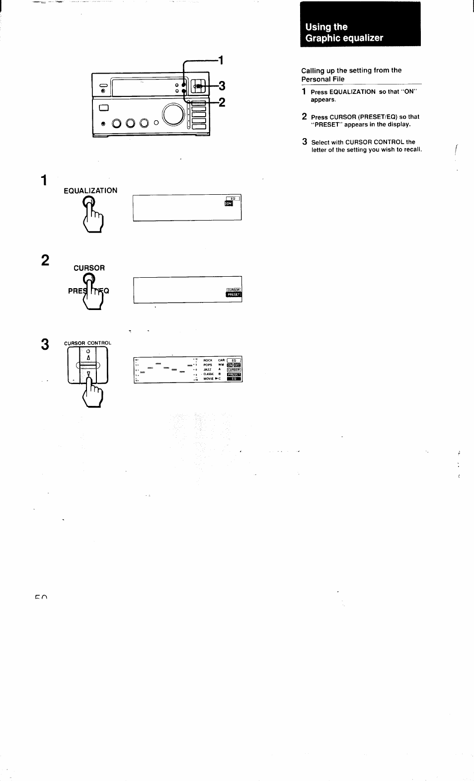 Equalization, Using the graphic equalizer, Calling up the setting from the personal file | Sony MHC-3500 User Manual | Page 50 / 99