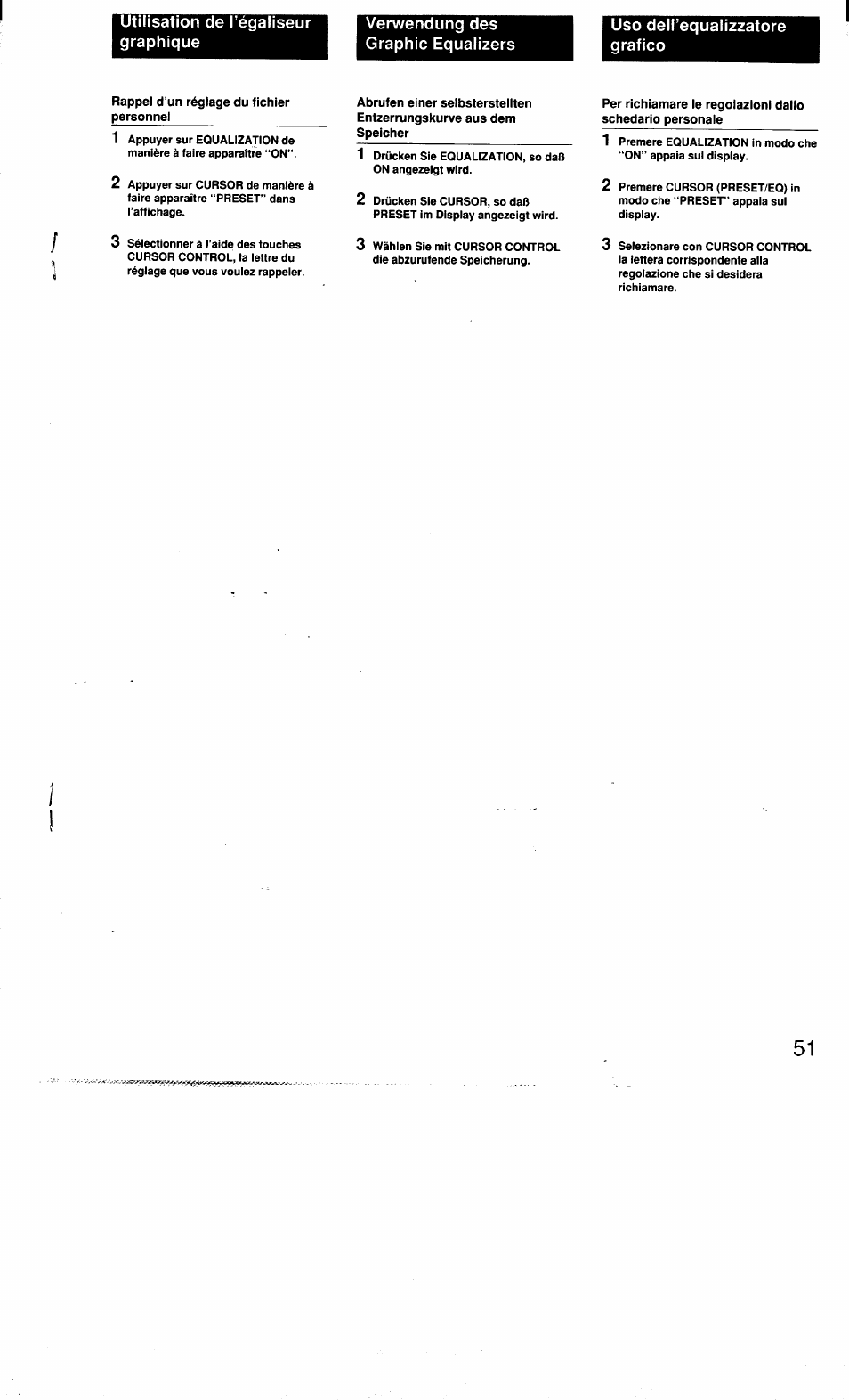 Verwendung des graphie equalizers, Rappel d’un réglage du fichier, Personnel | Per richiamare le regolazioni dallo, Schedario personale | Sony MHC-3500 User Manual | Page 51 / 99