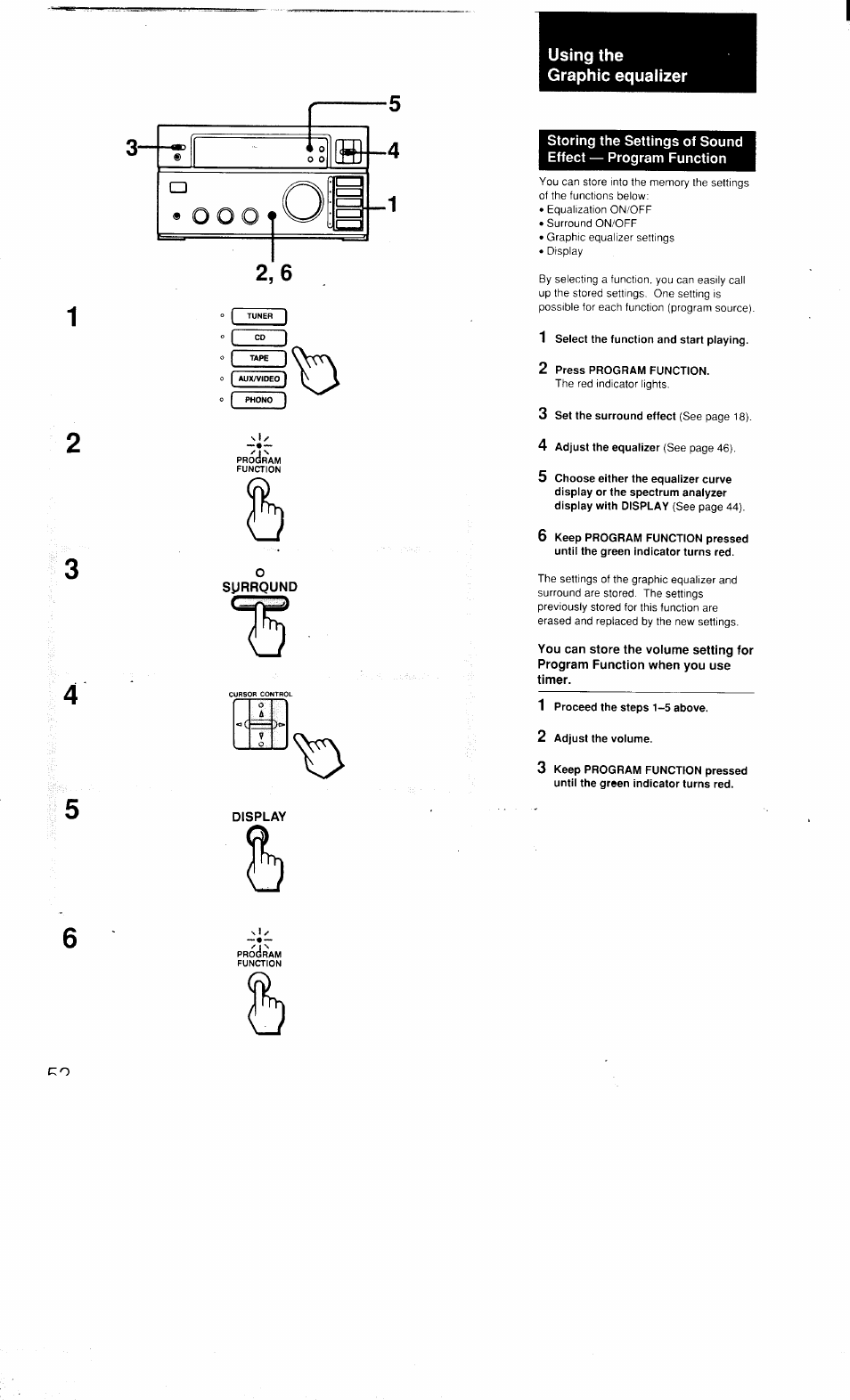 Using the graphic equalizer, 1 select the function and start playing, 2 press program function | 1 proceed the steps 1-5 above, 2 adjust the volume, Display | Sony MHC-3500 User Manual | Page 52 / 99