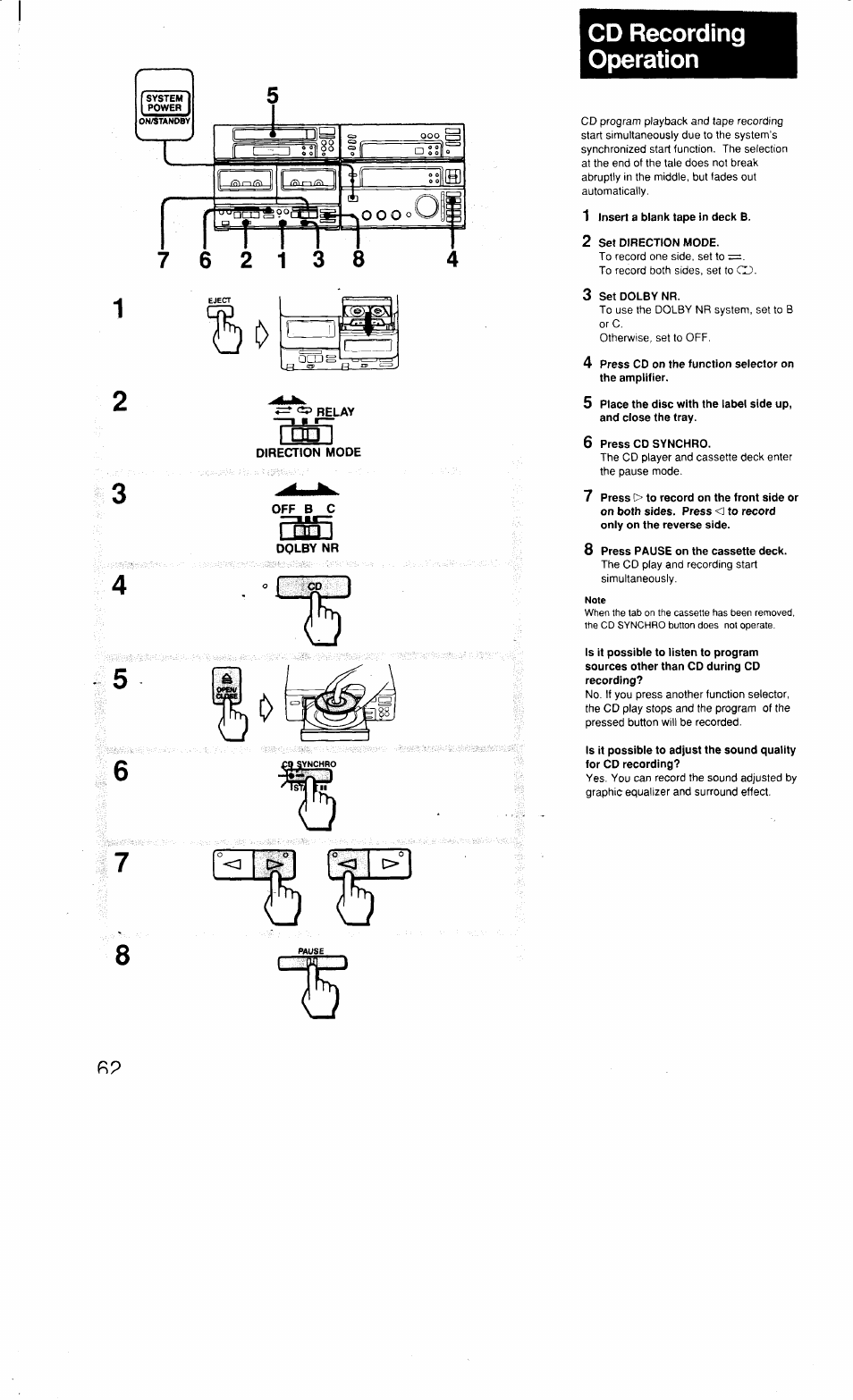 Tttfi, Cd recording operation, 1 insert a blank tape in deck b | 2 set direction mode, 3 set dolby nr, 6 press cd synchro, 8 press pause on the cassette deck | Sony MHC-3500 User Manual | Page 62 / 99
